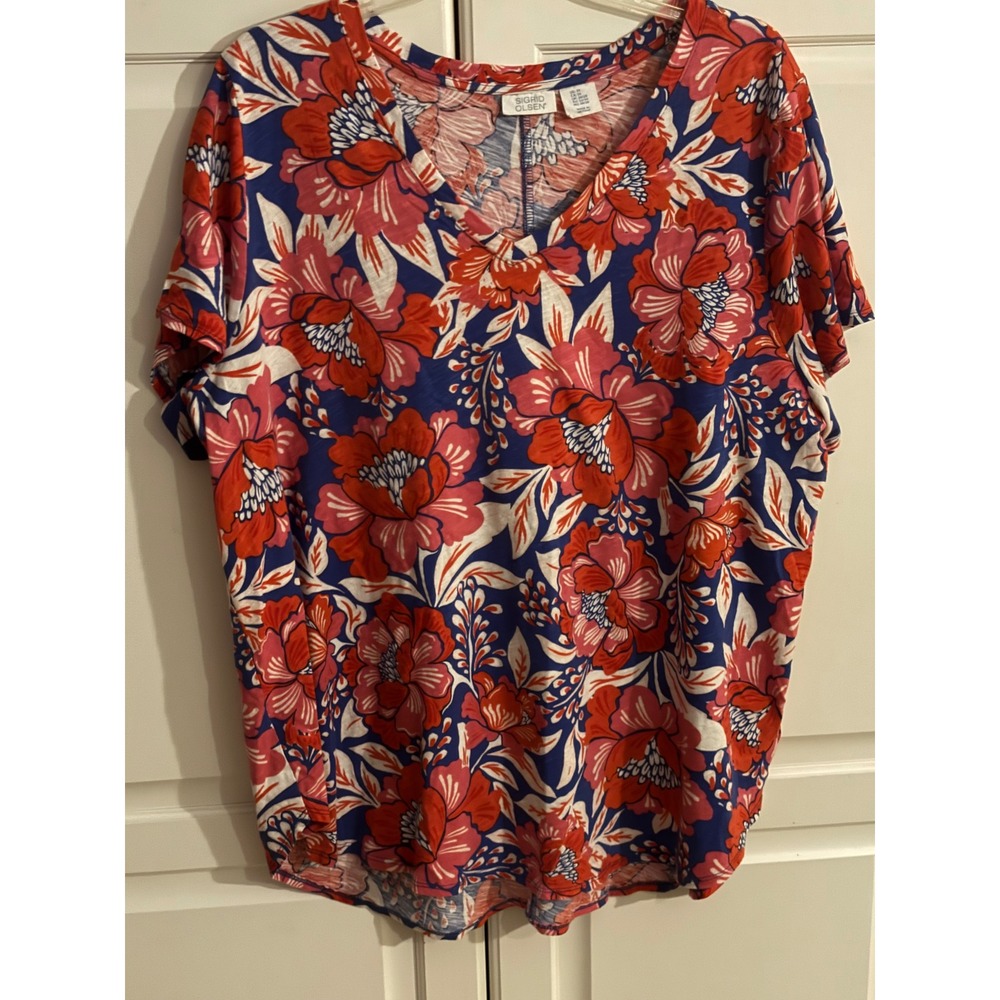 Sigrid Olsen Women's 3X V Neck‎ Short Sleeve All Over Floral Print Top